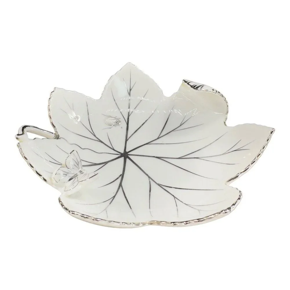 Andrea By Sadek Hand Painted Leaf Dish‎ Bowl Silver Overlay Butterfly And A Bug